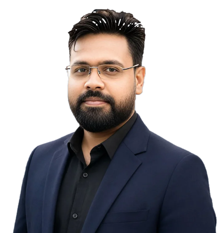 KMR Jibon, Co-Founder and CEO of Softvole, in a navy blazer and glasses